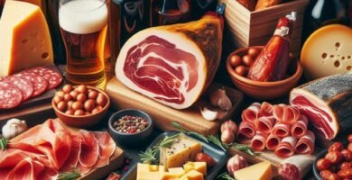 surtido de distintos productos jamón ibérico, quesos, embutidos, vinos y cervezas