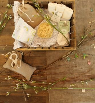 bathroom essentials on wooden crate