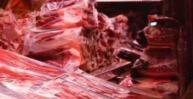 macro photography of meat in chiller